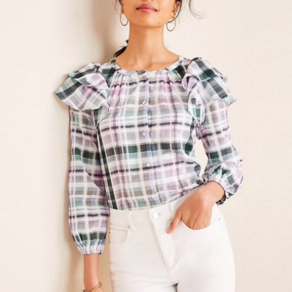 Ann Taylor Plaid Ruffle Shoulder Blouse